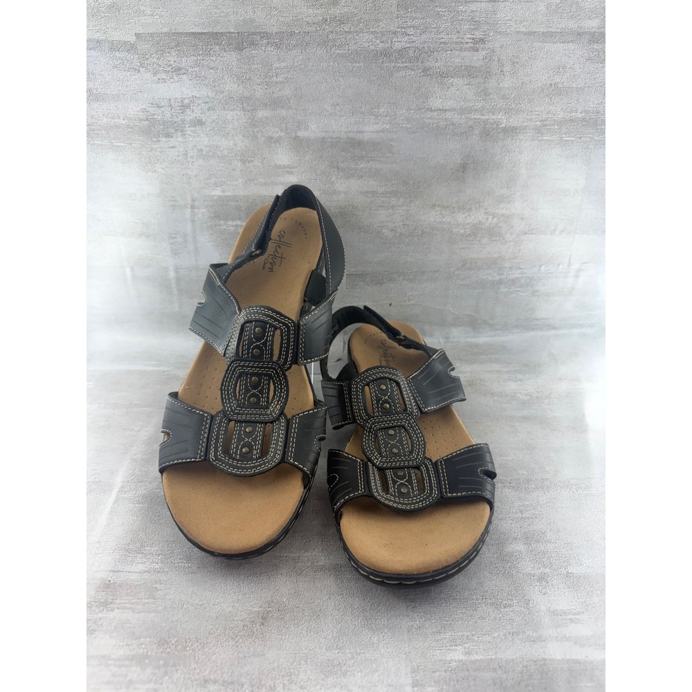 Clarks Collection Leisa Vine Black Leather Slingback Sandals Womens 9.5W Wide